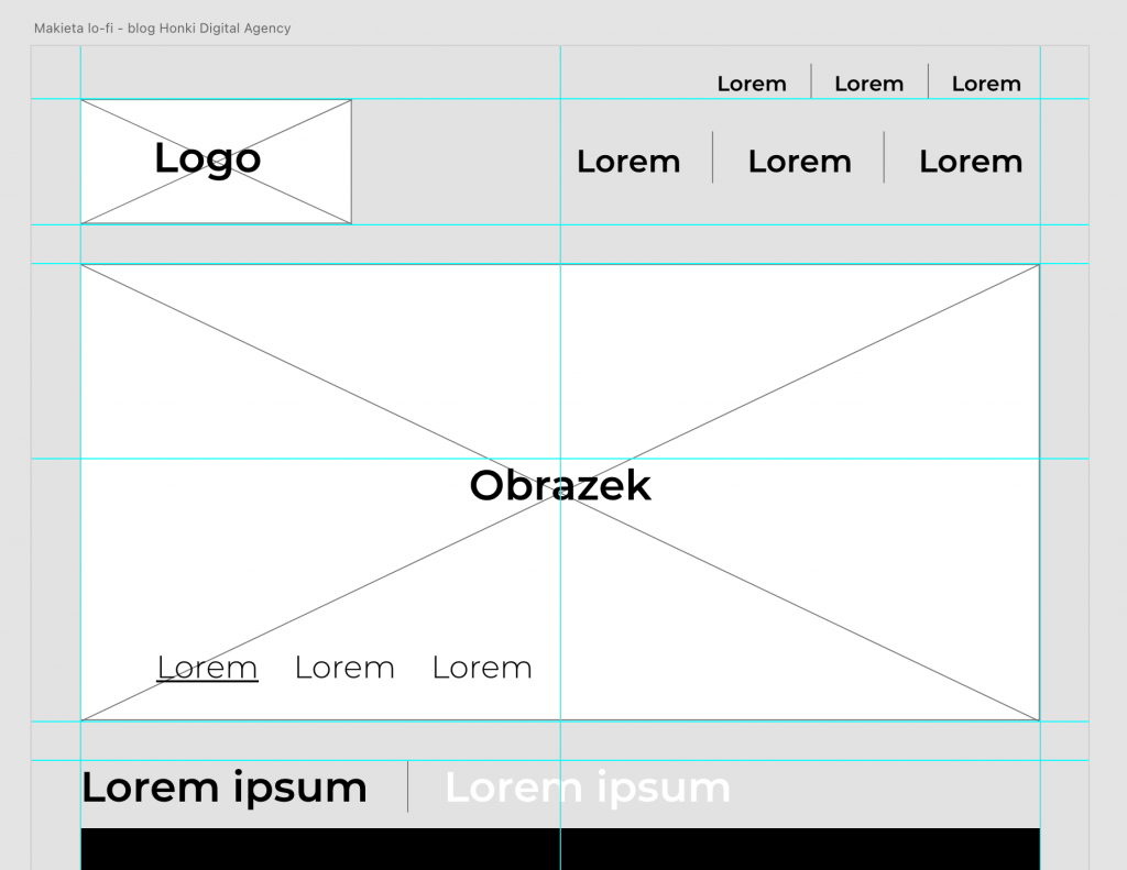 Makieta lo-fi blog Honki Digital Agency