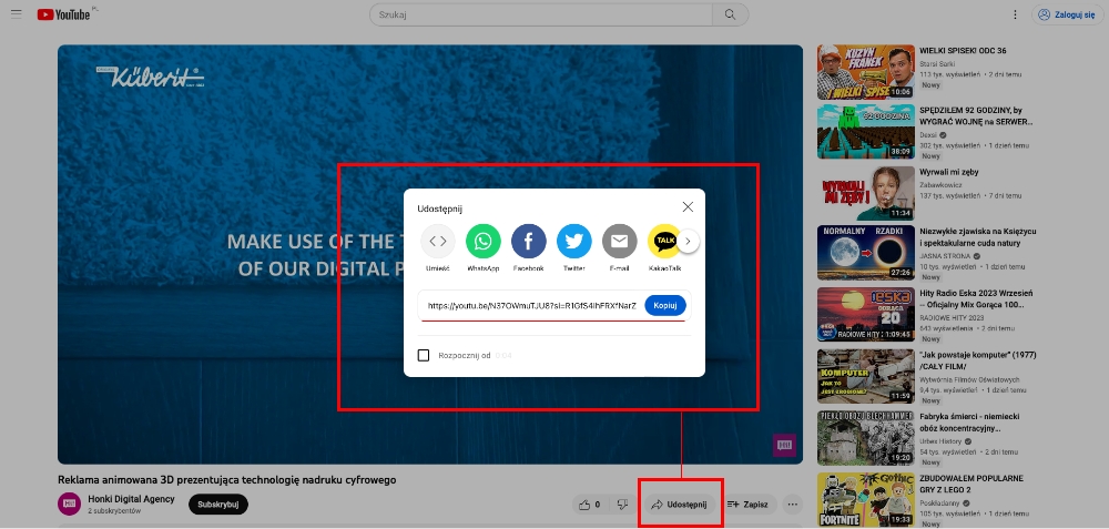 Udostępnienie linku na YT