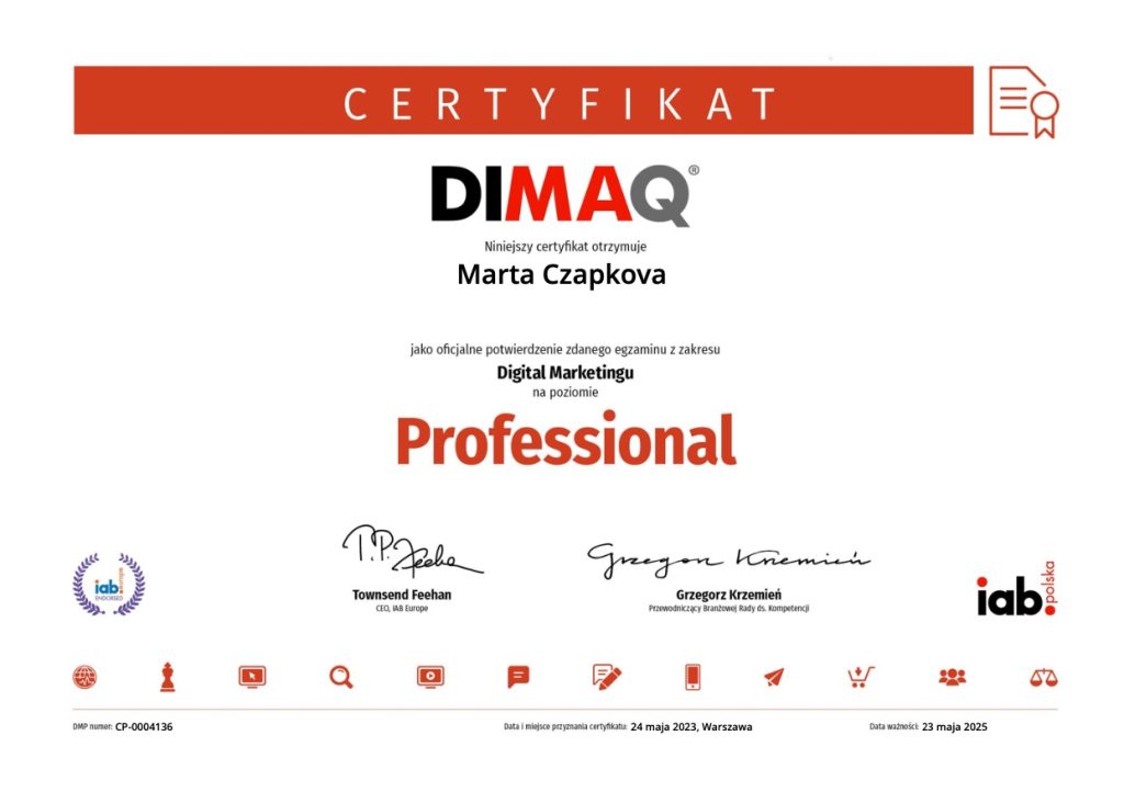 Certyfikat DIMAQ Professional Marta Czapkova